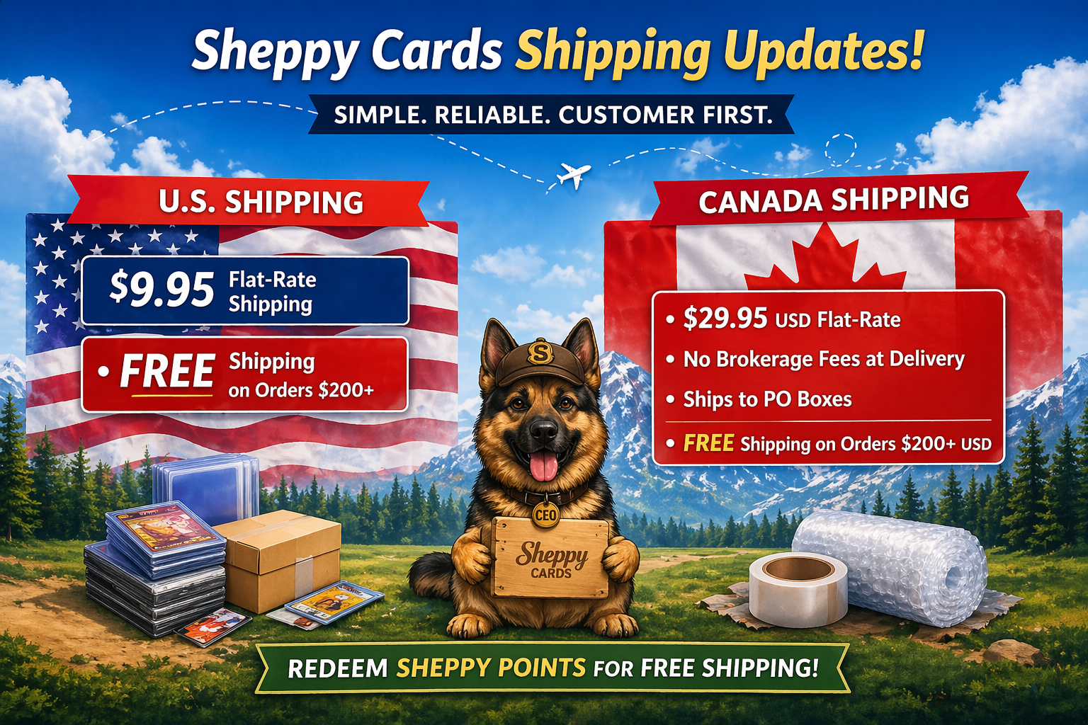 Sheppy Cards shipping updates showing $9.95 U.S. flat rate, $29.95 Canada shipping, and free shipping on orders $200+ USD