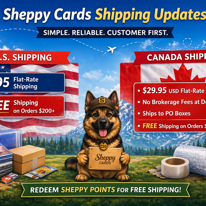 Sheppy Cards shipping updates showing $9.95 U.S. flat rate, $29.95 Canada shipping, and free shipping on orders $200+ USD