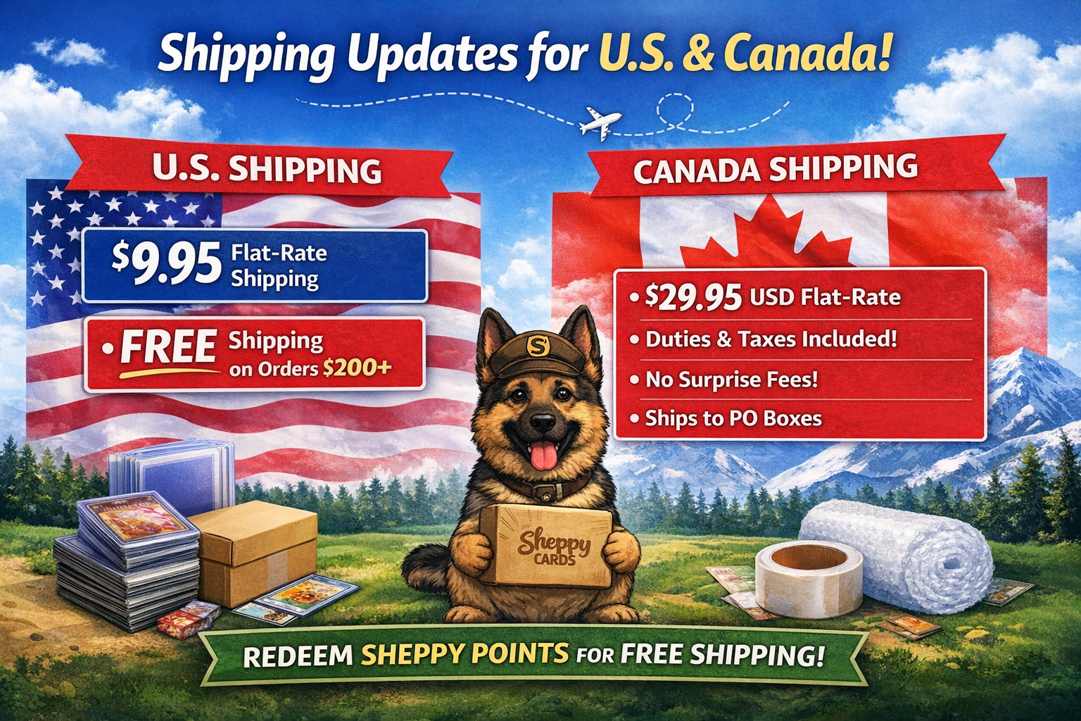 Sheppy Cards shipping updates showing $9.95 U.S. flat rate, free shipping over $200, and Canada $29.95 DDP shipping with duties and taxes included.