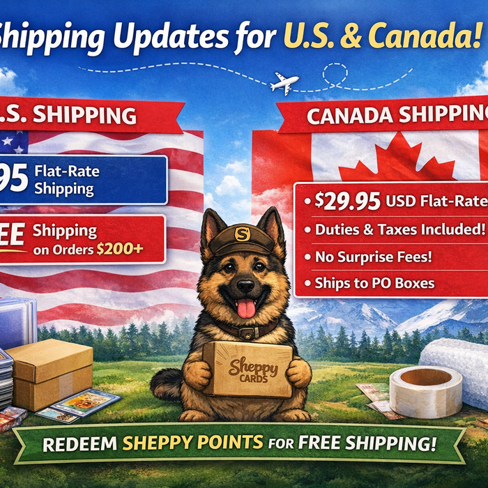 Sheppy Cards shipping updates showing $9.95 U.S. flat rate, free shipping over $200, and Canada $29.95 DDP shipping with duties and taxes included.