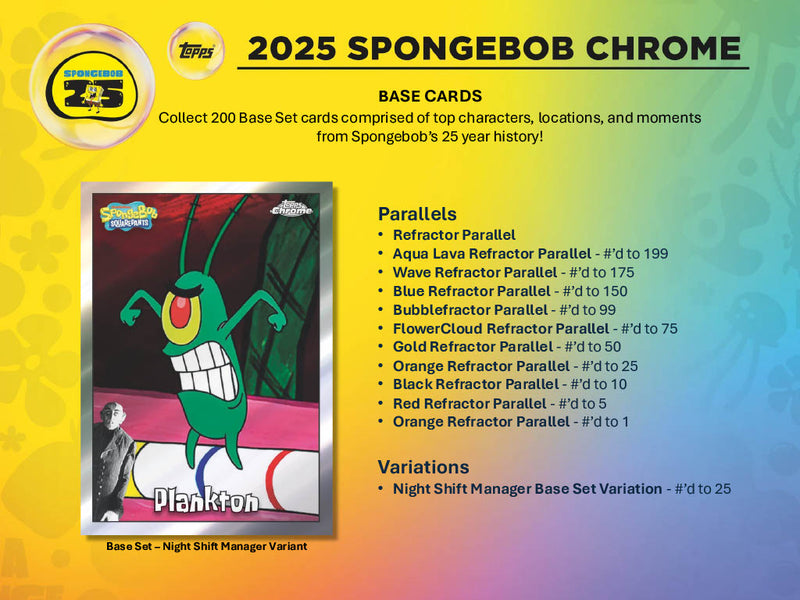 2025 Topps Chrome SpongeBob SquarePants 25th Anniversary Hobby Box featuring colorful character art and shiny card design.