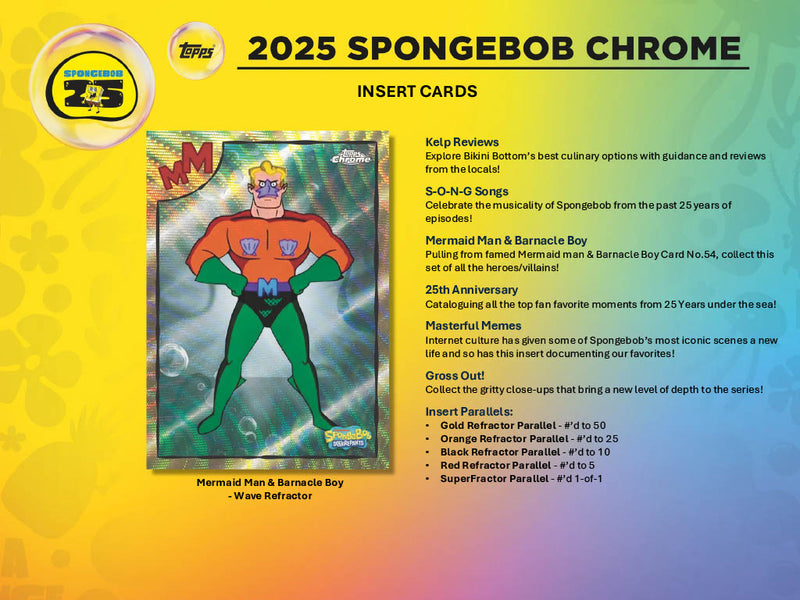2025 Topps Chrome SpongeBob SquarePants 25th Anniversary Hobby Box featuring colorful graphics and collectible card packs.