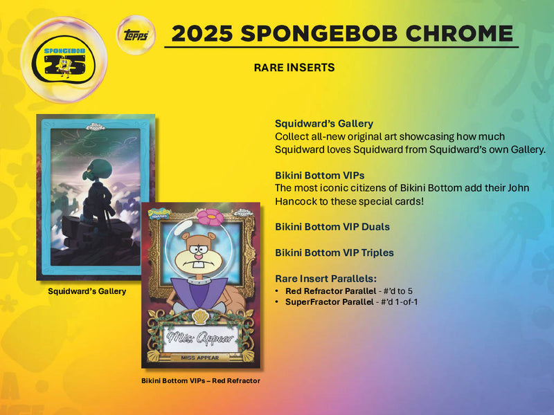 2025 Topps Chrome SpongeBob SquarePants 25th Anniversary Hobby Box featuring colorful character illustrations and card designs.