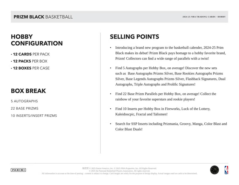 2024-25 Panini Prizm Black Basketball Hobby Box