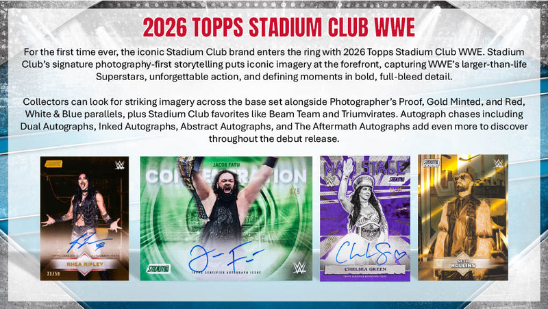2026 Topps Stadium Club WWE Product overview and card examples