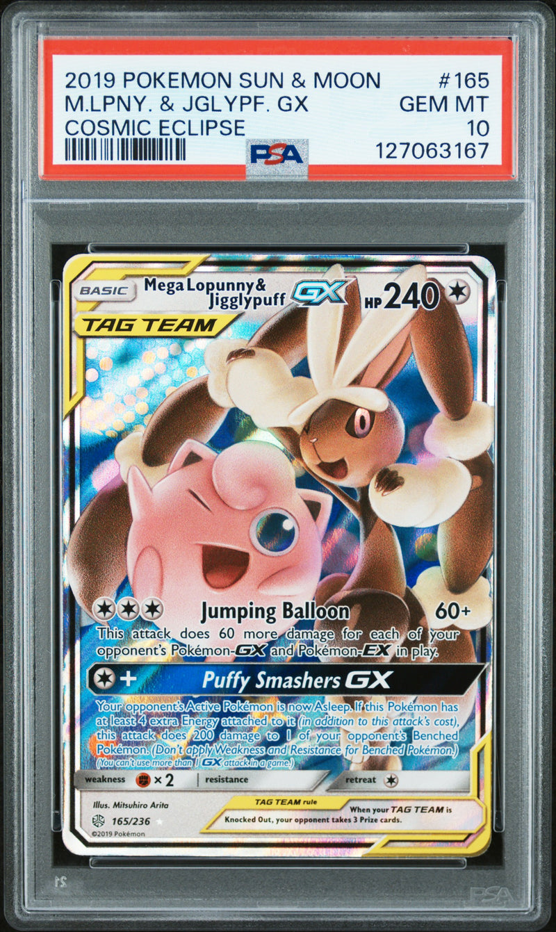 2019 Pokemon Sun & Moon Cosmic Eclipse #165 M.Lpny. & Jglypf. Gx PSA 10