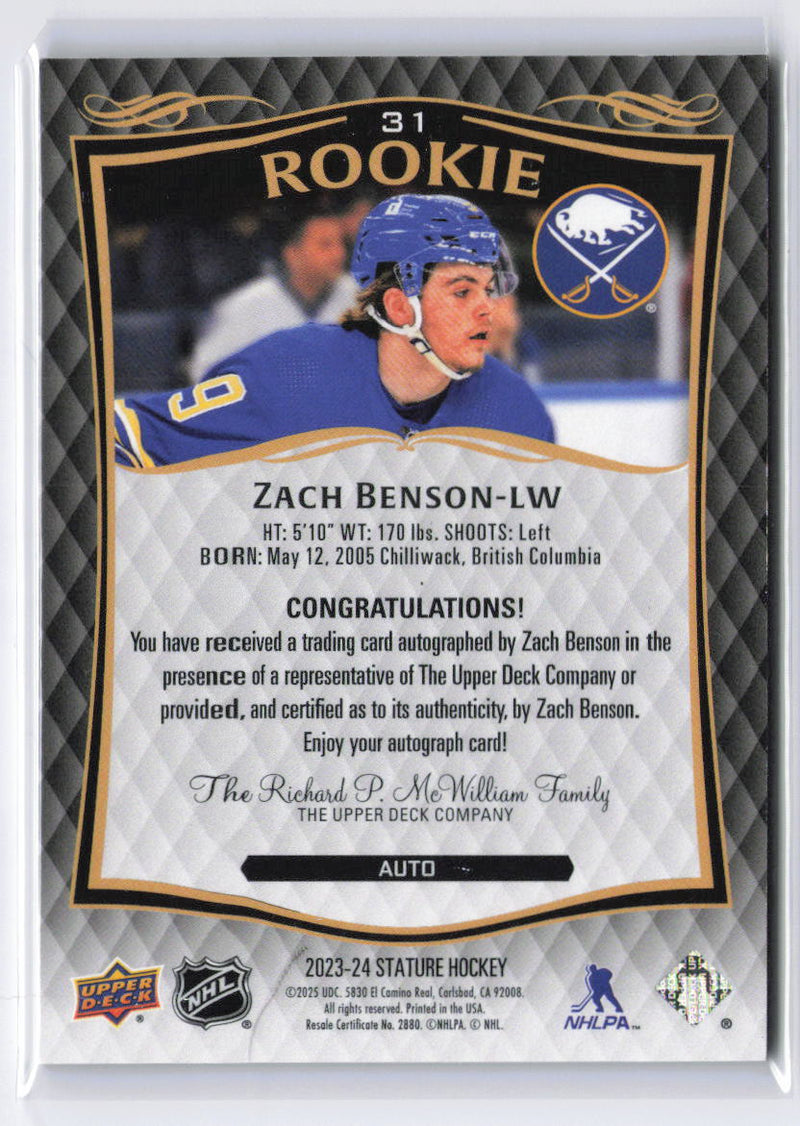 2024-25 Upper Deck Stature #31 Zach Benson 2023-24 Upper Deck Stature: Auto