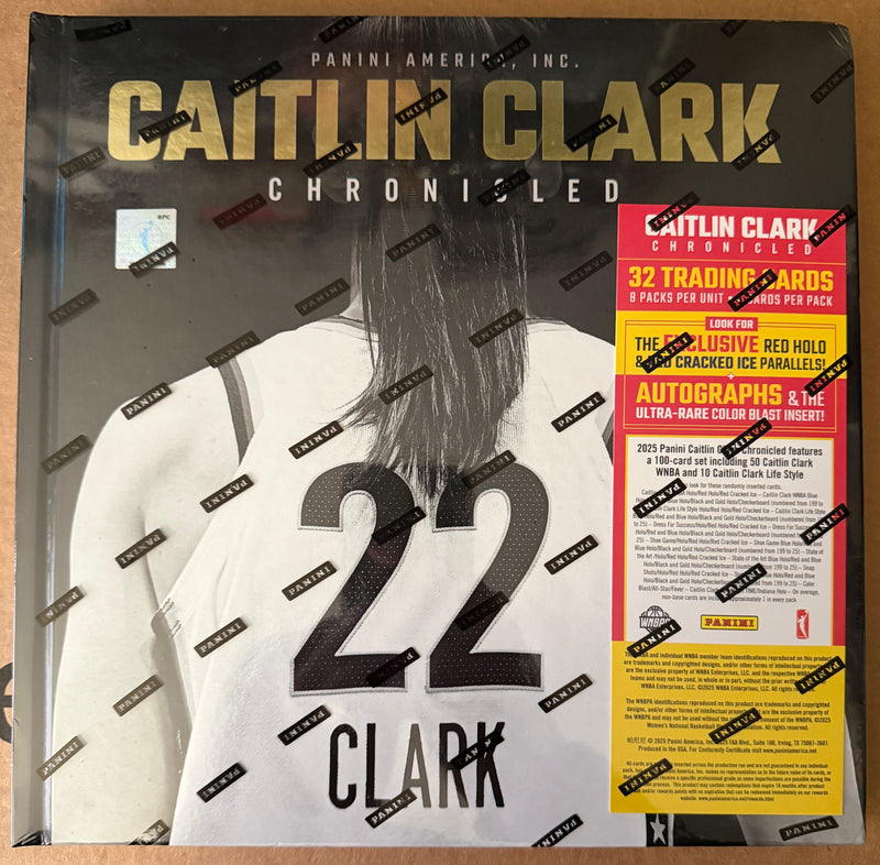 2025 Panini Caitlin Clark Chronicled Hardcover Book – 32 Trading Cards (8 Packs) – Sealed