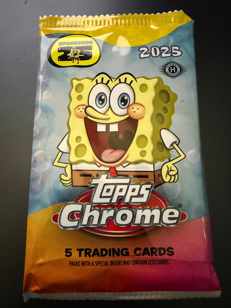 2025 Topps Chrome SpongeBob SquarePants hobby pack featuring vibrant artwork and collectible card design.