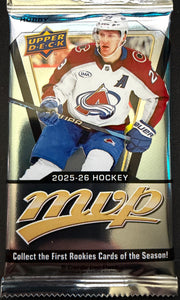 2025–26 Upper Deck MVP Hockey Hobby Pack featuring 8 collectible cards in vibrant packaging.