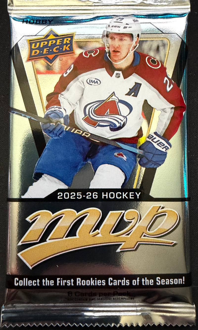 2025–26 Upper Deck MVP Hockey Hobby Pack featuring 8 collectible cards in vibrant packaging.