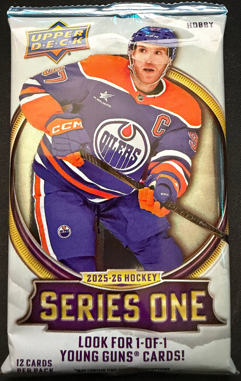 2025–26 Upper Deck Hockey Series One Hobby Pack featuring 12 collectible cards displayed in an open pack.