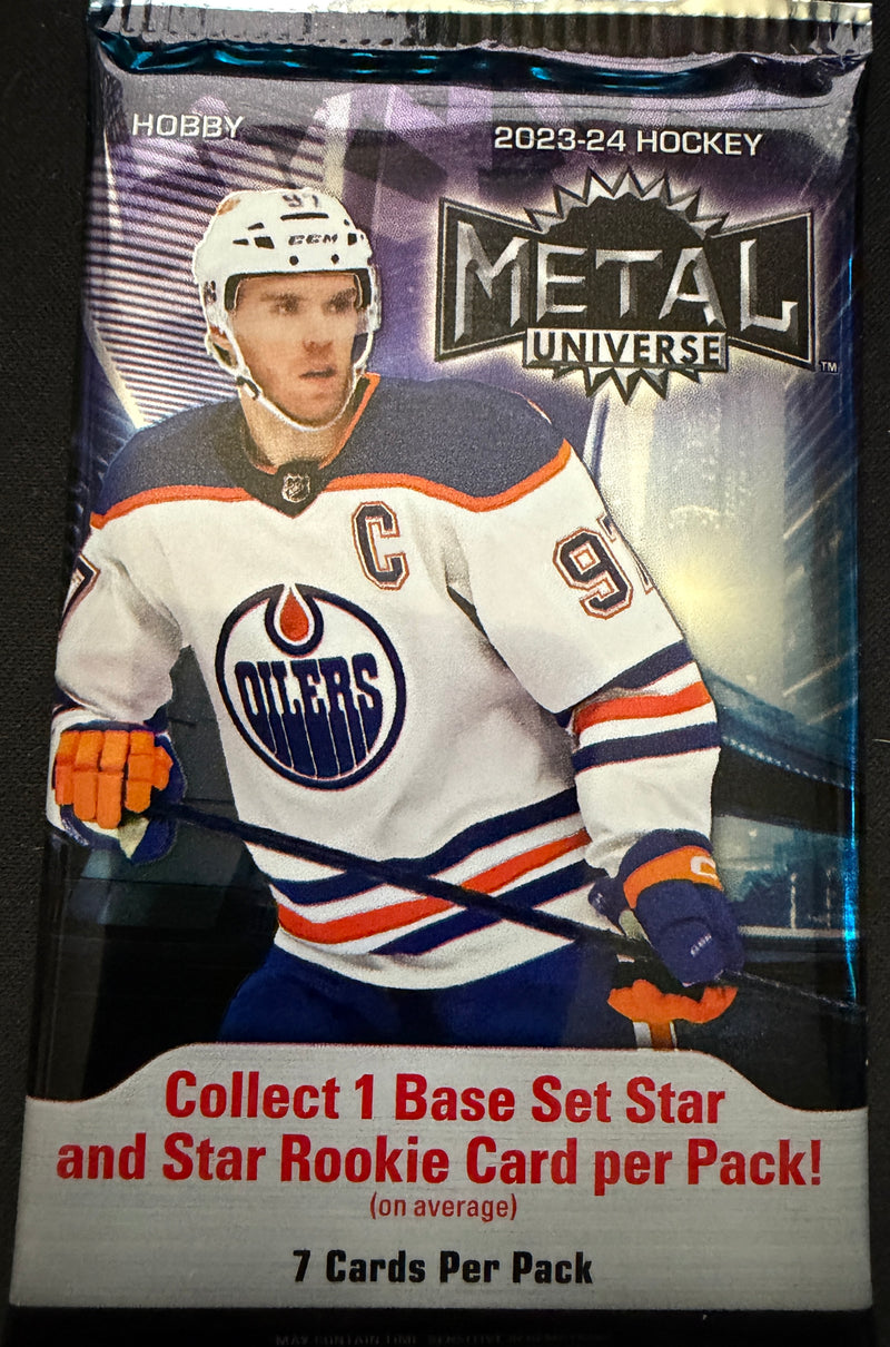2023-24 Upper Deck Hockey SkyBox Metal Universe Hobby Pack featuring 7 collectible cards in vibrant packaging.