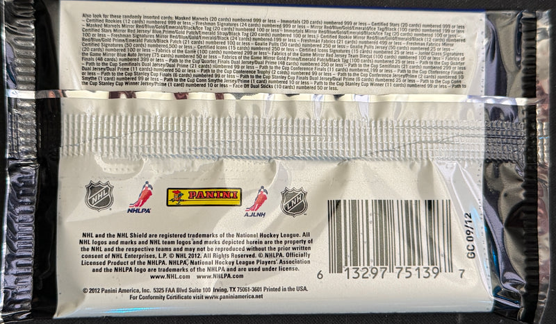 2012-13 Panini Hockey Certified Hobby Pack featuring 5 collectible hockey cards from Sheppy Cards.