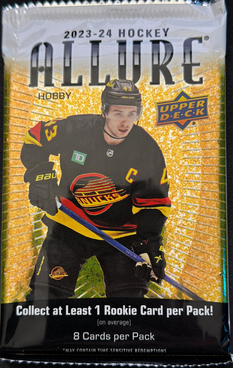 2023-24 Upper Deck Hockey Allure Hobby Pack featuring 8 collectible cards displayed in an open pack.