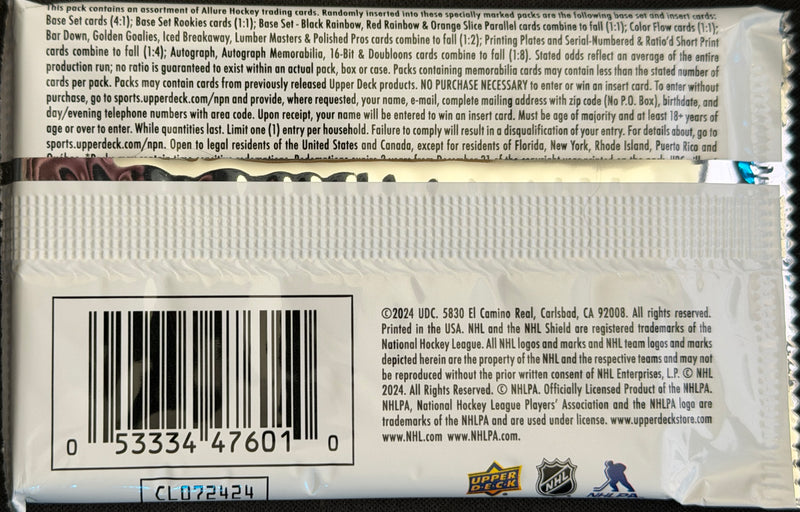 2023-24 Upper Deck Hockey Allure Hobby Pack featuring 8 collectible cards in a vibrant pack design.