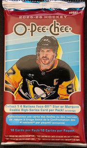 2025–26 Upper Deck O-Pee-Chee hockey hobby pack featuring 10 collectible cards by Sheppy Cards.