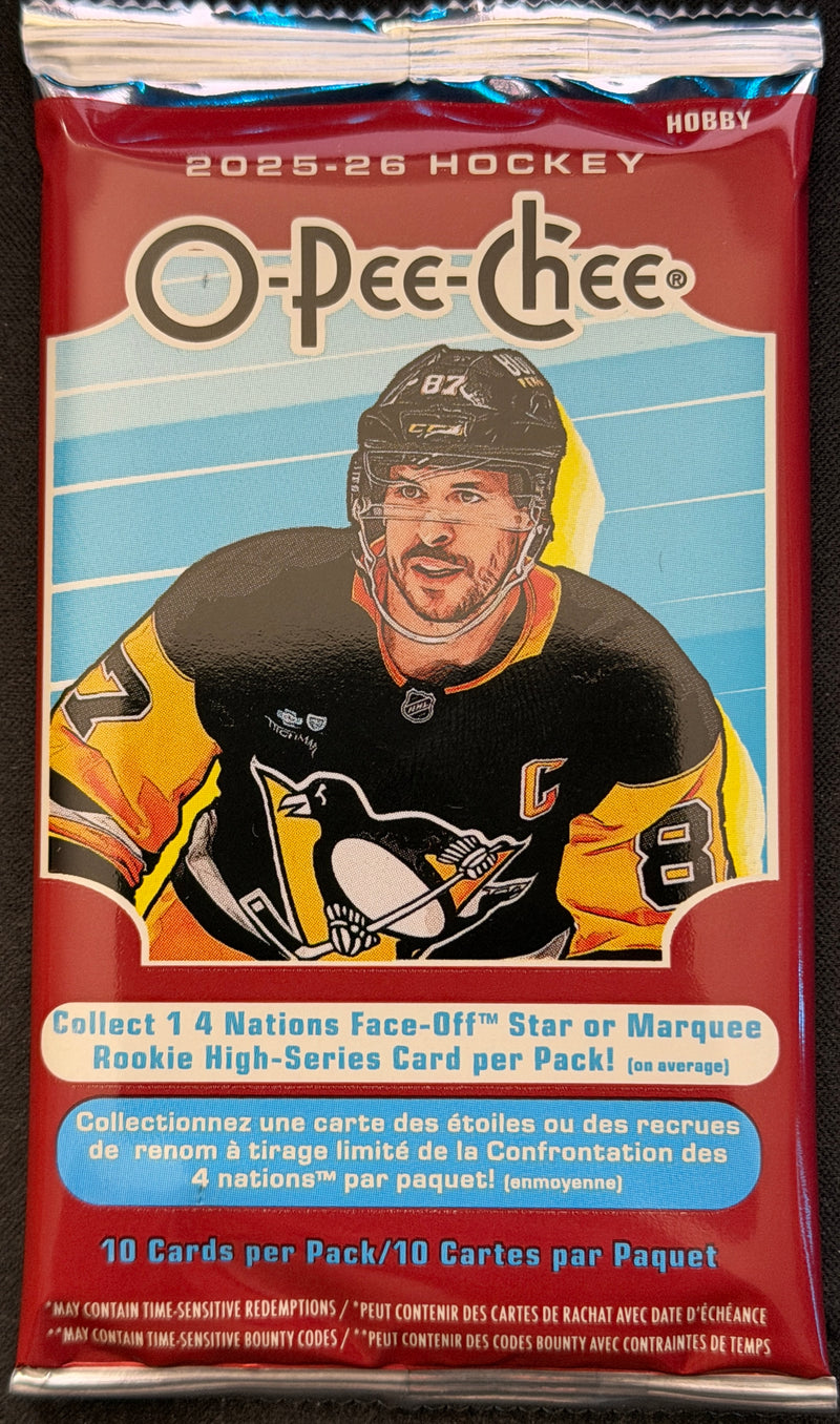 2025–26 Upper Deck O-Pee-Chee hockey hobby pack featuring 10 collectible cards by Sheppy Cards.