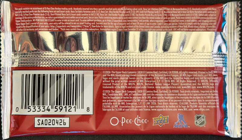 2025–26 Upper Deck O-Pee-Chee hockey hobby pack featuring 10 collectible cards from Sheppy Cards.