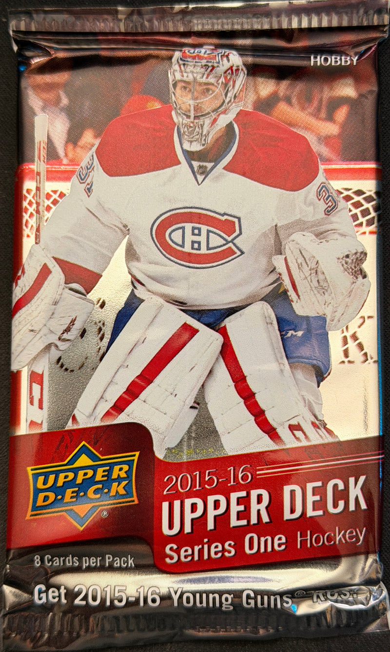 2015-16 Upper Deck Series One Hockey Hobby Pack featuring 8 collectible cards in vibrant packaging.