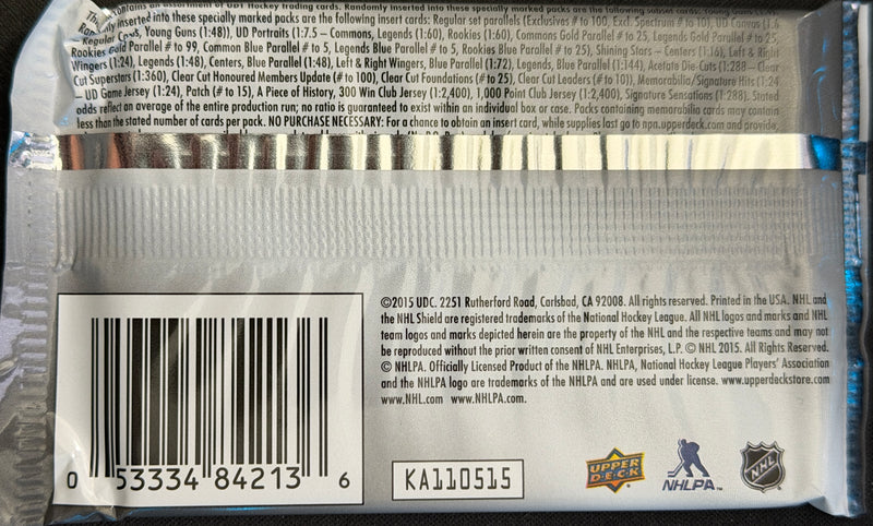 2015-16 Upper Deck Series One Hockey Hobby Pack featuring 8 collectible cards by Sheppy Cards.