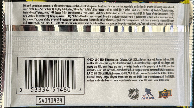 2023-24 Upper Deck Credentials Hockey Hobby Pack (6 Cards)