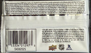 2025–26 Upper Deck MVP Hockey Hobby Pack featuring 8 collectible cards from Sheppy Cards on a white background.