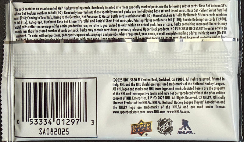 2025–26 Upper Deck MVP Hockey Hobby Pack featuring 8 collectible cards from Sheppy Cards on a white background.