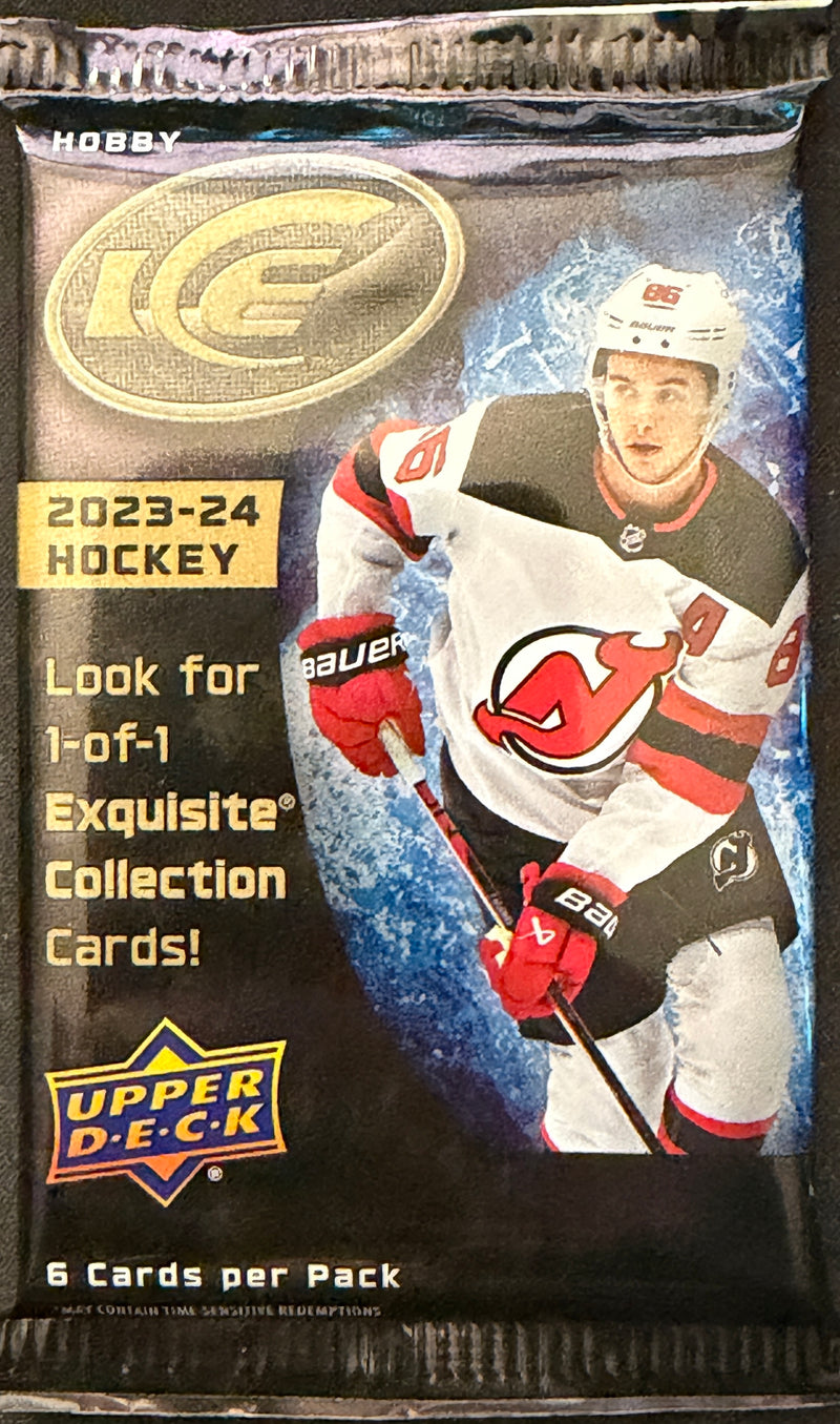 2023–24 Upper Deck Ice Hockey Hobby Pack featuring 6 collectible cards displayed on a clean background.