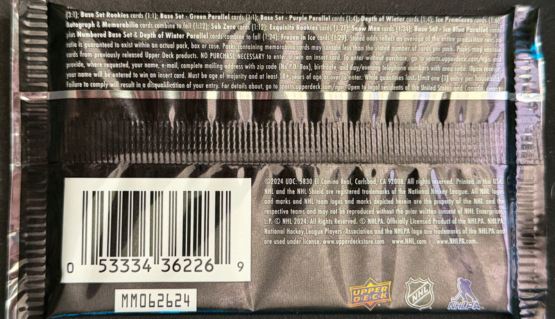 2023–24 Upper Deck Ice Hockey Hobby Pack featuring 6 collectible cards from Sheppy Cards.