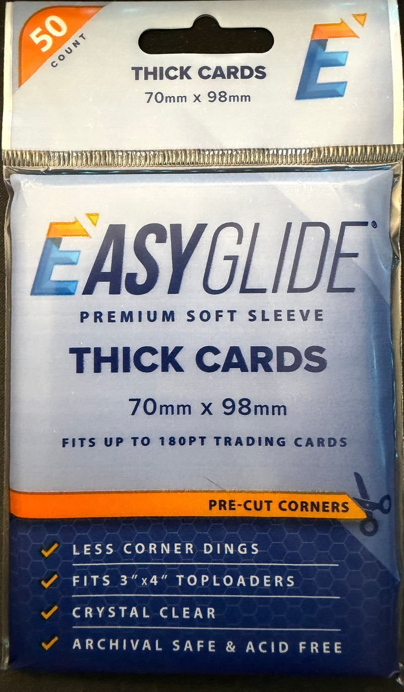 Card Shellz Easy Glide Soft Sleeves for thick cards, 50-count pack displayed with clear, protective material.