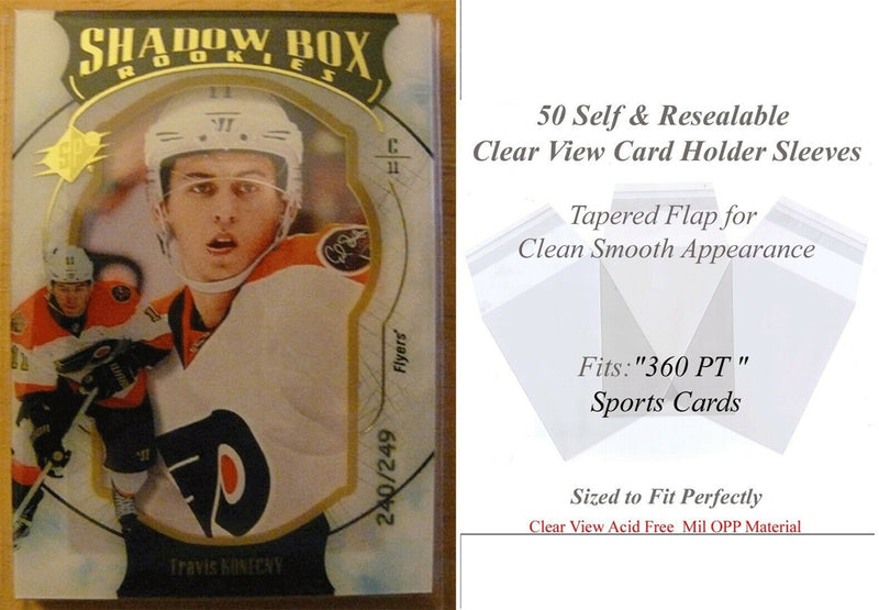 Sheppy Cards Superior Fit Sleeves for 360pt sports cards, displaying a pack of 50 clear protective sleeves.