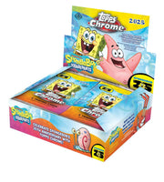 2025 Topps Chrome SpongeBob SquarePants 25th Anniversary Hobby Box featuring vibrant artwork and collectible card details.