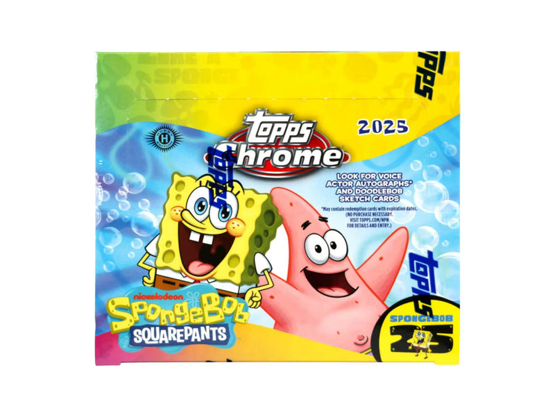 2025 Topps Chrome SpongeBob SquarePants 25th Anniversary Hobby Box featuring vibrant artwork and collectible card design.